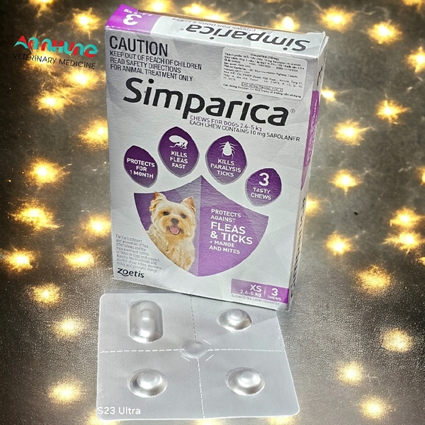 ZOETIS SIMPARICA - XS - Viên nhai trị Ve, Rận Chó Mèo - Hộp 3 viên - Tím