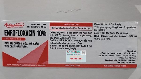 Á Châu Enrofloxacin 10% ORAL 10ml - Chướng diều, khô chân, sã cánh - Hộp 10 lọ - Ảnh 2