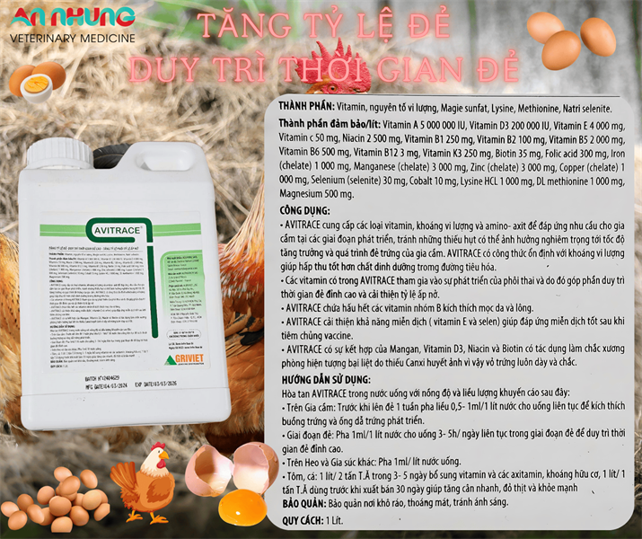 AGRI AVITRACE 1 Lít - Tăng sản lượng trứng, duy trì thời gian đẻ, tăng tỷ lệ phôi ấp nở - Ảnh 5
