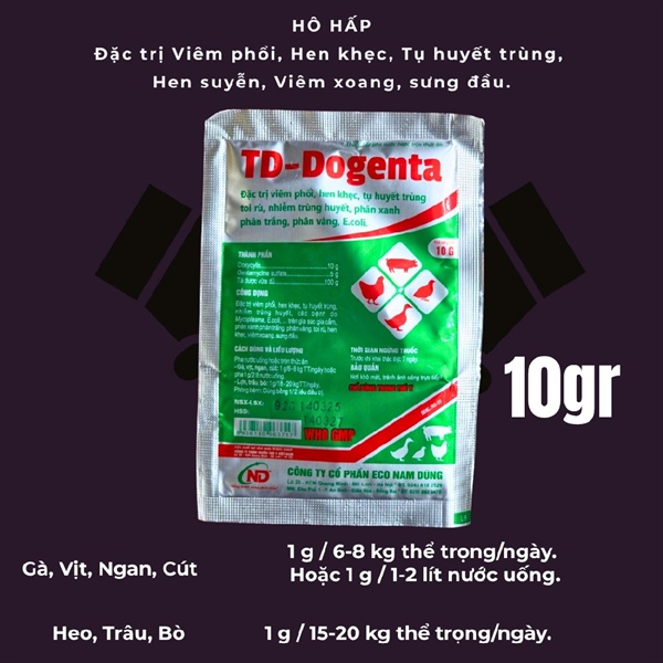 ND TD Dogenta 10gr (gia cầm, gia súc) - Viêm phổi, hen khẹc, THT, phân xanh - trắng, vàng, ecoli