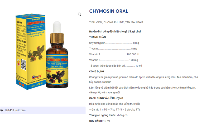 Drich Chymosin Oral (gà đá) 10ml - TIÊU VIÊM, CHỐNG PHÙ NỀ, TAN MÁU BẦM - Lọ (lốc 12) - Ảnh 2