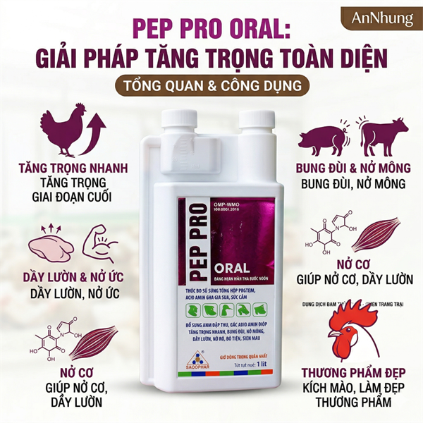 SAGOPHAR PEP PRO 1 Lít Oral - Protein, Đạm, Acid Amin, Tăng trọng giai đoạn cuối - Chai