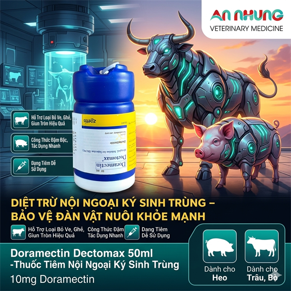 ZOETIS Doramectin- Dectomax Mỹ (50ml) - Hỗ Trợ Loại Bỏ Ve, Ghẻ, Giun Tròn, Dòi - Cho Heo, Trâu, Bò, chó mèo. - Lọ