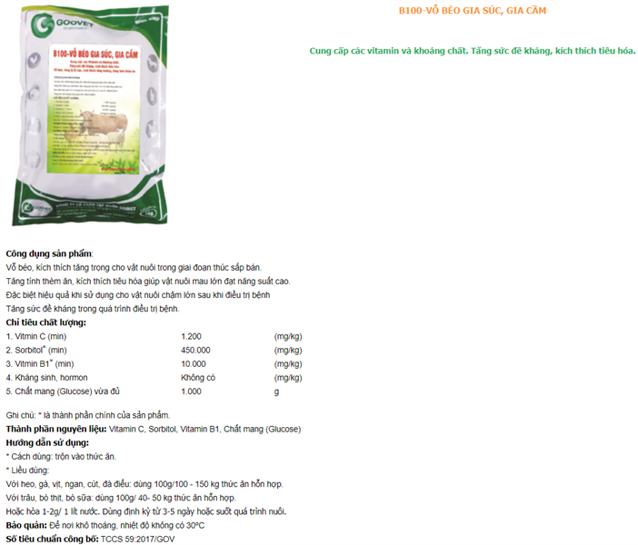 GOOVET B100 - VỖ BÉO GIA SÚC, GIA CẦM 1kg - Gói 5in1 - Ảnh 4