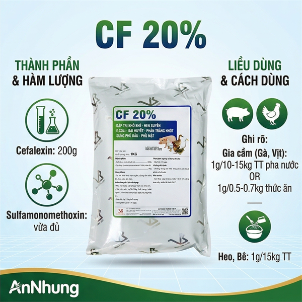 VB CF 20% - 1kg - CEFALEXIN 20% + SULFAMONO 10% - Khò Khè, Hen Suyễn, Bại Huyết - Phân nhớt vàng - Phù Mặt - Gói 10in1 - Ảnh 3
