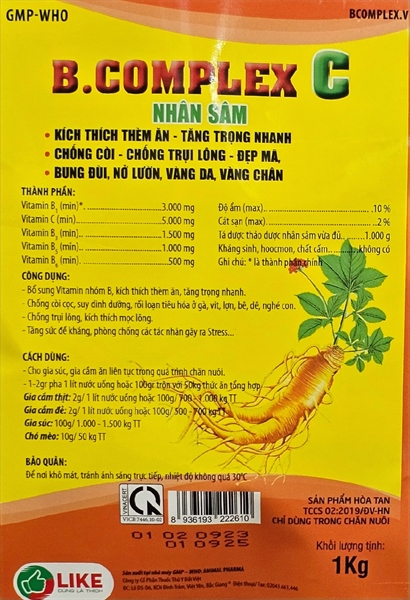 LIKE BCOMPLEX C - Nhân Sâm 1kg - Vàng chân, vàng da, Tăng trọng - Bung lông bật cựa - Gói 10in1 - Ảnh 2
