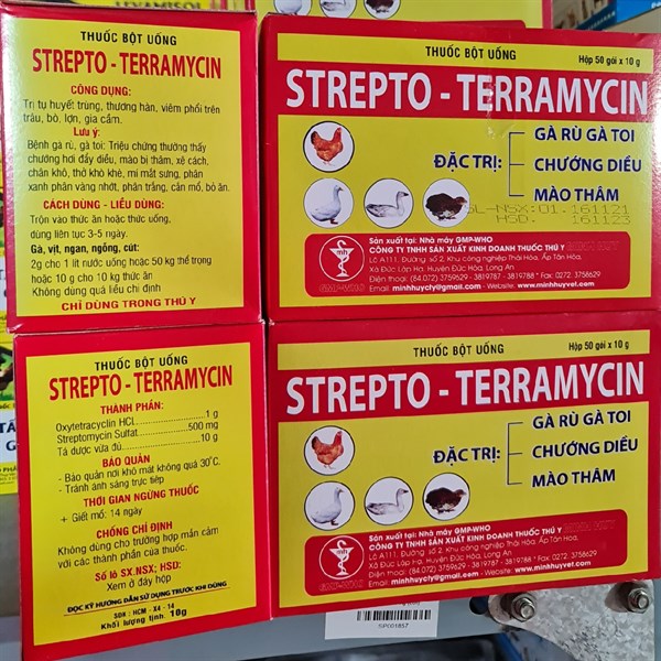Minh Huy Strepto Teramycin (Gà rù, Gà Toi, chướng diều, mào thâm) 10gr - Hộp 50 gói - Ảnh 2