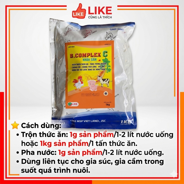 LIKE BCOMPLEX C - Nhân Sâm 1kg - Vàng chân, vàng da, Tăng trọng - Bung lông bật cựa - Gói 10in1 - Ảnh 4