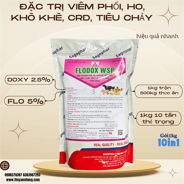 SAGOPHAR FLODOX WSP 1kg (N) - Đặc trị viêm phổi, khô khe, hen khẹc, CRD, CCRD, tiêu chảy phân xanh, phân trắng - 1kg (10in1) - Ảnh 3