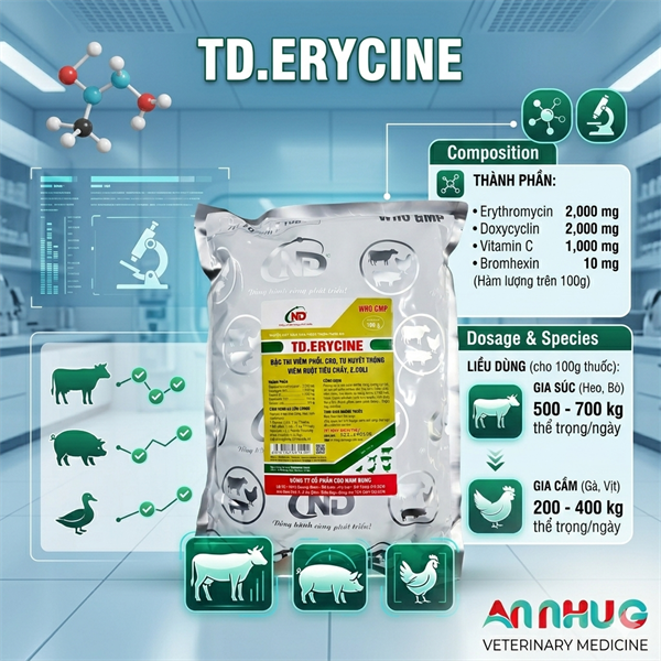 ND ERYCINE 100gr - CRD, Phổi, Tụ Huyết Trùng, Ecoli - gói - Ảnh 3