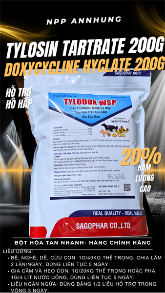 SAGOPHAR TYLODOX wsp (CAO CẤP) 1 KG - TYLO20% + DOXY 20% - Gói 1kg 10in1 - Ảnh 5