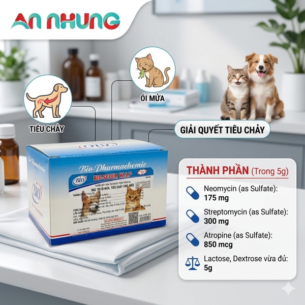 Bio Scour W.S.P 5gr - Đặc trị tiêu chảy chó, mèo - Hộp 50 gói