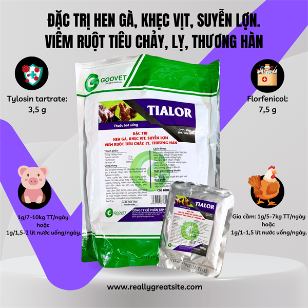 GOOVET TIALOR 1kg - Flor Tylo - Hen gà, khẹc vịt, suyễn, thương hàn - Gói 10in1