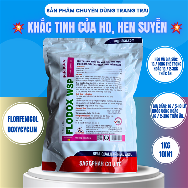 SAGOPHAR FLODOX WSP 1kg (N) - Đặc trị viêm phổi, khô khe, hen khẹc, CRD, CCRD, tiêu chảy phân xanh, phân trắng - 1kg (10in1)