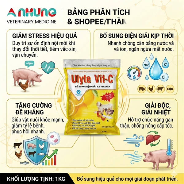 VIAVET ULYTE VIT C (Gói 1Kg) - Cốm Hòa Tan - Giải Nhiệt, Chống Stress Cho Gia Súc, Gia Cầm. - Gói 5in1 - Ảnh 4