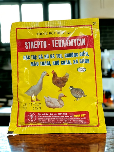 Minh Huy STREPTO TERAMYCIN 100gr - gà rù, gà toi, chướng diều, khò khè, mào thâm, khô chân, xù lông, xã cánh - Gói