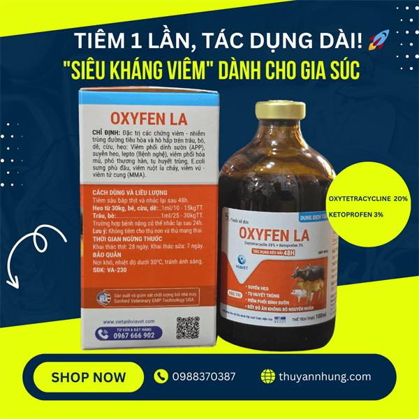 VIAVET OXYFEN LA 100ml - OXYTETRA 200 - điều trị Myco Suis, viêm nhiễm - chai/100ml - Ảnh 2