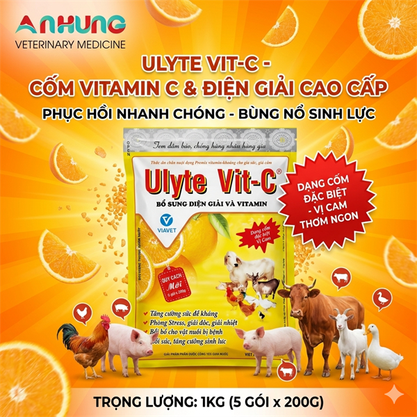 VIAVET ULYTE VIT C (Gói 1Kg) - Cốm Hòa Tan - Giải Nhiệt, Chống Stress Cho Gia Súc, Gia Cầm. - Gói 5in1